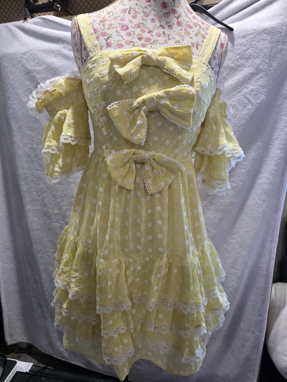 Yellow Eyelet Lace Bow Mini Off Shoulder Tiered Cottagecore Milkmade Country S